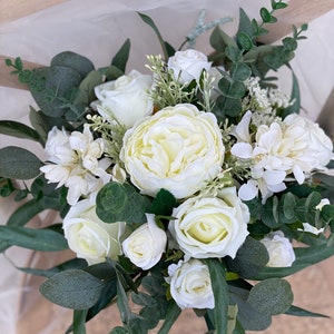 White Rose Bridal Bouquet, Classic Wedding White Peony Bouquet, Rustic Boho Flower Bouquet, Design in Rose,Peony and Eucalyptus image 3