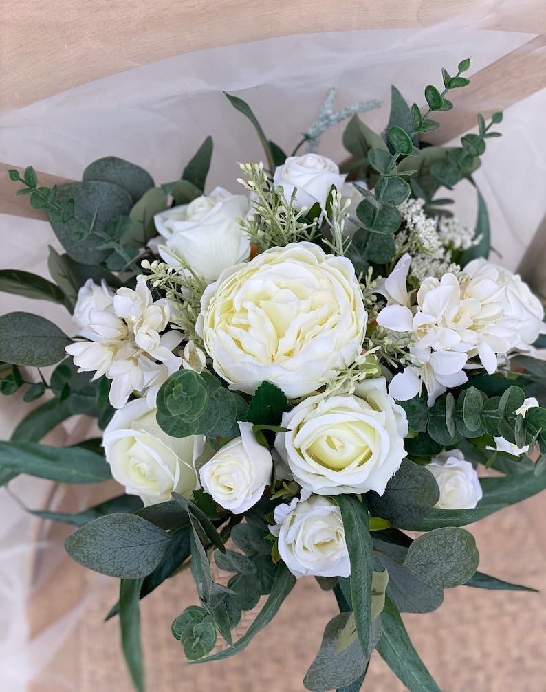 White Rose Bridal Bouquet, Classic Wedding White Peony Bouquet, Rustic Boho Flower Bouquet, Design in Rose,Peony and Eucalyptus image 3