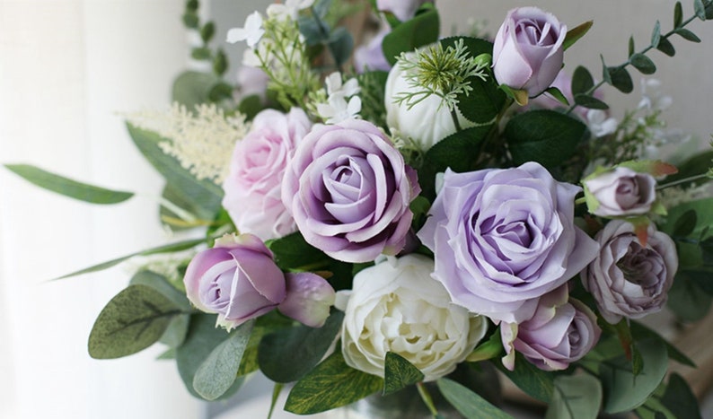 Lavender Bridal Bouquet, Classic White and Dusty Purple Rose Wedding Bouquet, Rustic Boho Flower Bouquet, Design in Rose and Peony image 7