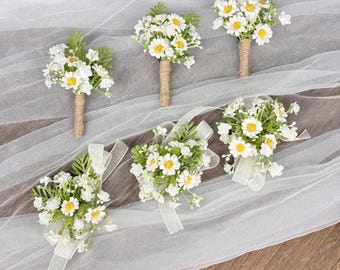 Daisy Corsage and Boutonniere Set, White Pearl Bracelet