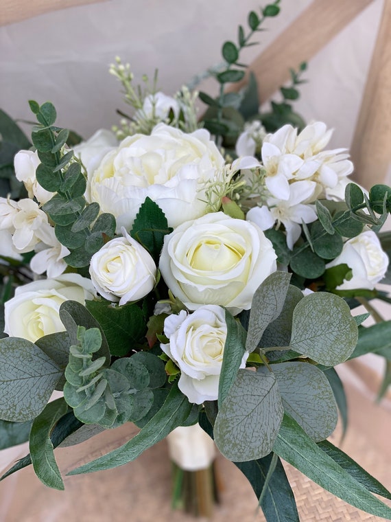 White Rose Bridal Bouquet Classic Wedding White Peony Bouquet