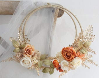 Terracotta, Rust Orange and Gold Hoop Bouquet, Boho Wedding Bouquet, Autumn Fall Home Decor, Hoop Wreath