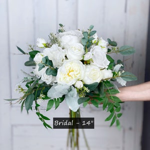 White Silk Bridal Bouquet, Rose, Peony, Eucalyptus, 14”