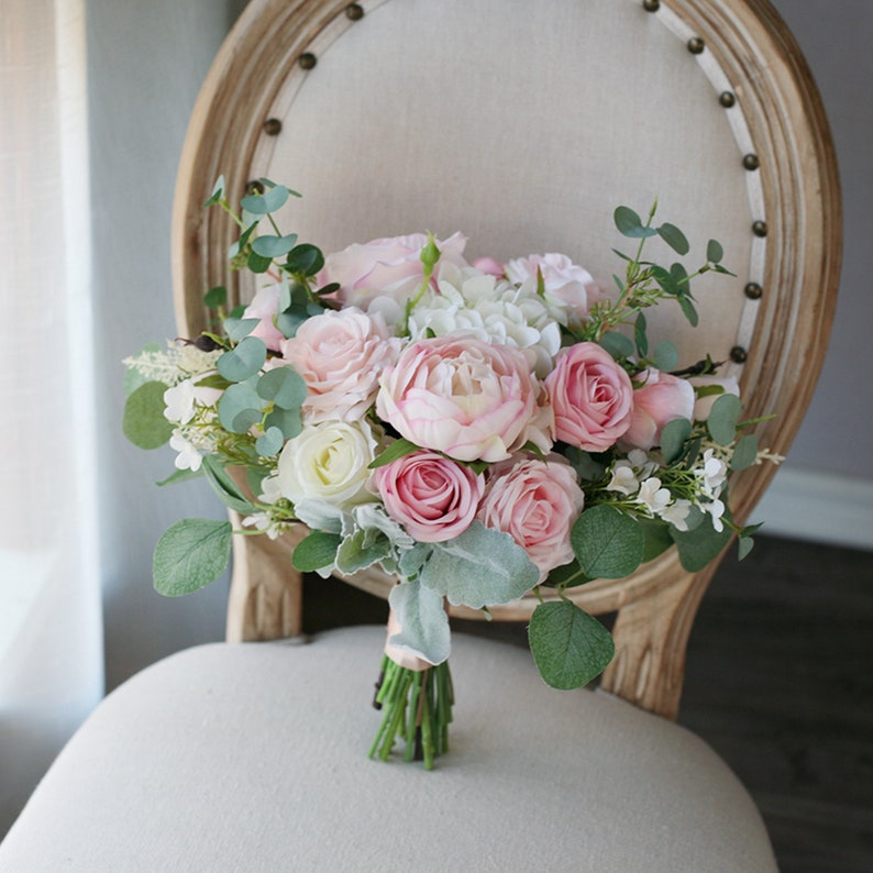 Blush and Ivory Wedding Bouquet, Classic Bridal Bouquet, Rustic Boho Flower Bouquet, Design in Rose, Peony, Hydrangeas and Eucalyptus image 2