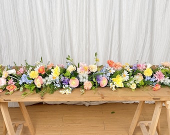 table runner 亀甲取り花丸　帯リメイク　長尺250㎝ Pastel Wildflowers Table Runner, Wildflowers Head Table Decor