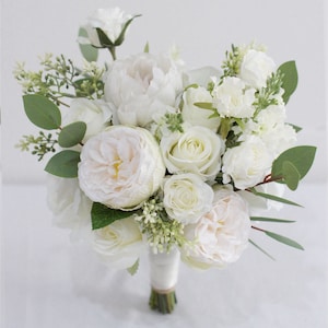 White Rose Bridal Bouquet, Elopement Wedding Bouquet, Rustic Wedding Flower, Made with Rose, Peonies and Eucalyptus