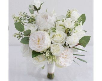 White Rose Bridal Bouquet, Elopement Wedding Bouquet, Rustic Wedding Flower, Made with Rose, Peonies and Eucalyptus