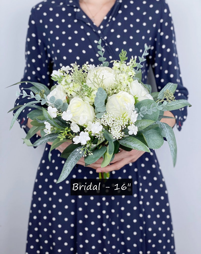 White Rose Bridal Bouquet, Classic Wedding White Peony Bouquet, Rustic Boho Flower Bouquet, Design in Rose,Peony and Eucalyptus image 6