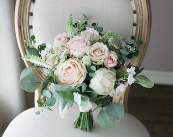 Peach,Blush and Ivory Wedding Bouquet, Classic Bridal Bouquet, Rustic Boho Flower Bouquet,  Design in Rose, Peony and Eucalyptus