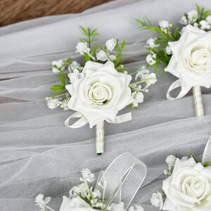 White Rose and Baby's Breath Boutonniere, White Wrist Corsage