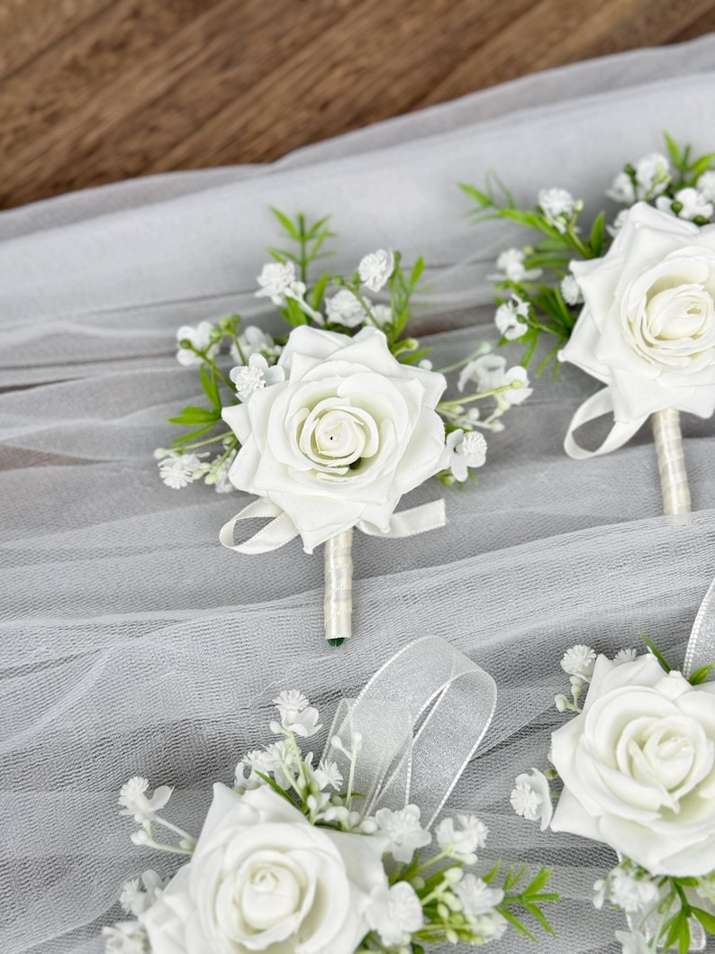 White Rose and Baby's Breath Boutonniere, White Wrist Corsage