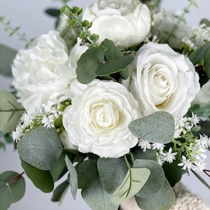 White Bridal Bouquet, Wedding White Rose Bouquet, Boho Flower Bouquet, Design in Rose, Peony, Ranunculus, Baby's Breath and Eucalyptus image 6