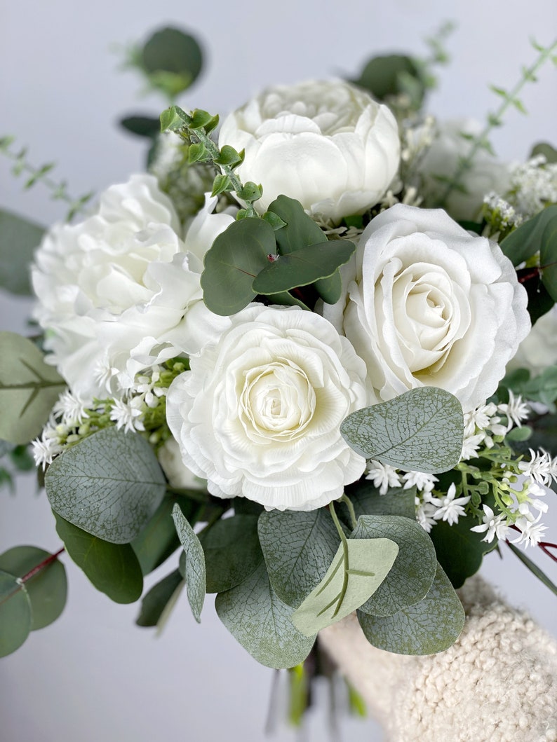 White Bridal Bouquet, Wedding White Rose Bouquet, Boho Flower Bouquet, Design in Rose, Peony, Ranunculus, Baby's Breath and Eucalyptus image 5