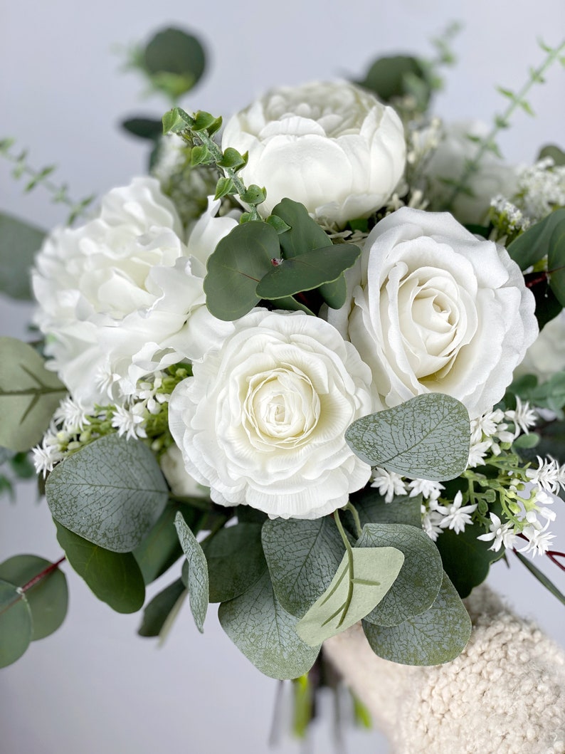 White Bridal Bouquet, Wedding White Rose Bouquet, Boho Flower Bouquet, Design in Rose, Peony, Ranunculus, Baby's Breath and Eucalyptus image 6
