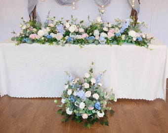Blue and Blush Pink Table Runner, Wedding Aisle Flowers, Table Centerpieces, Wedding Garland, Head Table Flowers
