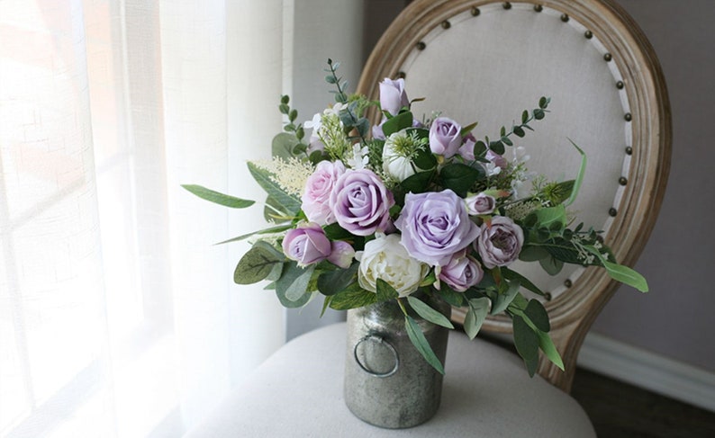 Lavender Bridal Bouquet, Classic White and Dusty Purple Rose Wedding Bouquet, Rustic Boho Flower Bouquet, Design in Rose and Peony image 4