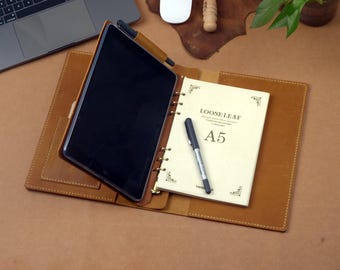 Leather iPad with A5 Binder Cover,iPad Leather Notepad with iPad Removable,6 Rings Binder,Personalized Travel Sleeve Portfolio Case