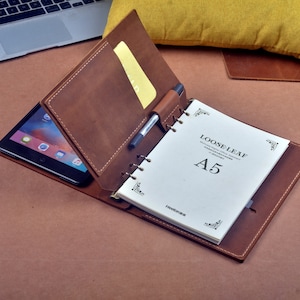 Capa de couro para iPad mini com folhas A5, pasta de couro para iPad mini com pasta A5 de 6 argolas, pasta de viagem personalizada para iPad mini