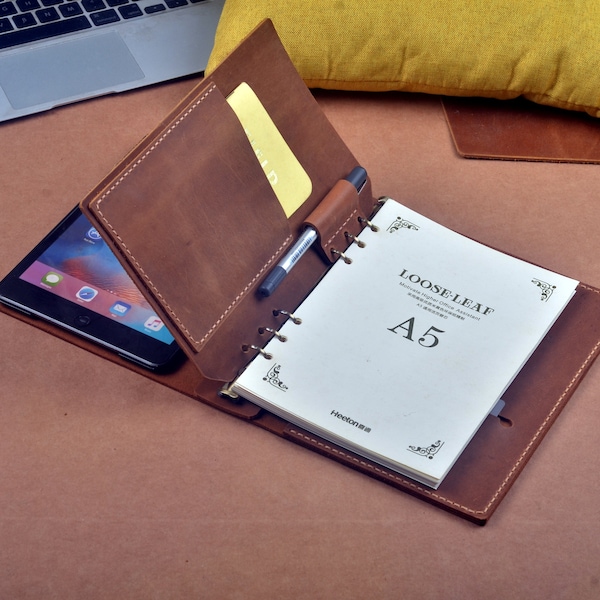 iPad mini Ledermappe mit A5 Papieren, iPad mini Ledermappe mit A5 6 Ringe, personalisiertes iPad mini Reisehüllen-Portfolio