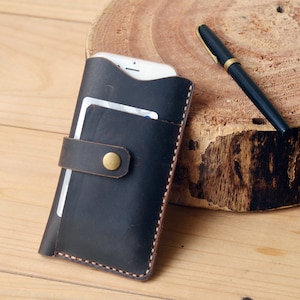 Cartera personalizada para iPhone, funda de piel Crazy Horse para teléfono móvil con tarjeta, funda protectora para iPhone, regalo de piel hecho a mano.