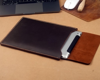 iPad Leather Sleeve Case,Personailzed iPad Every-day Carrying Bag,Handmade Crazy Horse Leather Pouch,Leather Gift for Her Him