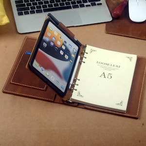Custodia in pelle per iPad mini formato A5, blocco note in pelle per iPad mini, con iPad mini rimovibile, raccoglitore a 6 anelli, custodia da viaggio personalizzata
