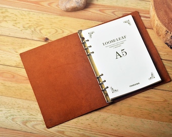 Funda de cuero para carpeta A5, soporte personalizado de cuero Crazy Horse con 6 anillas, portafolios de papel A5 recargable, bloc de notas de papel.