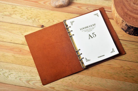 Leather A5 Binder Cover,Crazy Horse Leather Personalized Holder with 6 Rings Binder,Refillable A5 Paper Portfolio Holder,Paper Writing Pad