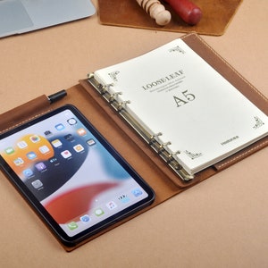 Etui skórzane na iPada mini z 6 kółkami, segregator A5, etui na iPada mini z notatnikiem, spersonalizowany skórzany uchwyt na dokumenty