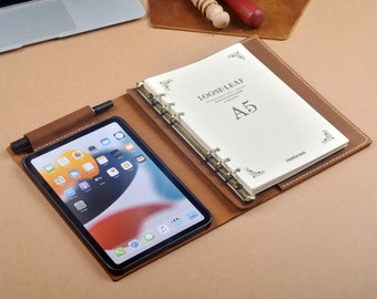 iPad mini läderfodral med 6 ringar A5 pärm, iPad mini fodral med anteckningsblock, personligt läderfodral
