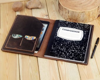 Leather Composition Notebook Cover with iPad mini,Personalized Notebook Writing Pad Holder,Refillable Notepad Portfolio Case,Business Folio