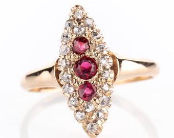 Antique ring 14k gold with rubies and diamonds