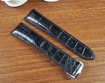 Replacement Black Alligator Watch Bands For Omega, Custom Black Leather Strap With Buckle, Alligator Watch Band Quick Release Spring Bars.