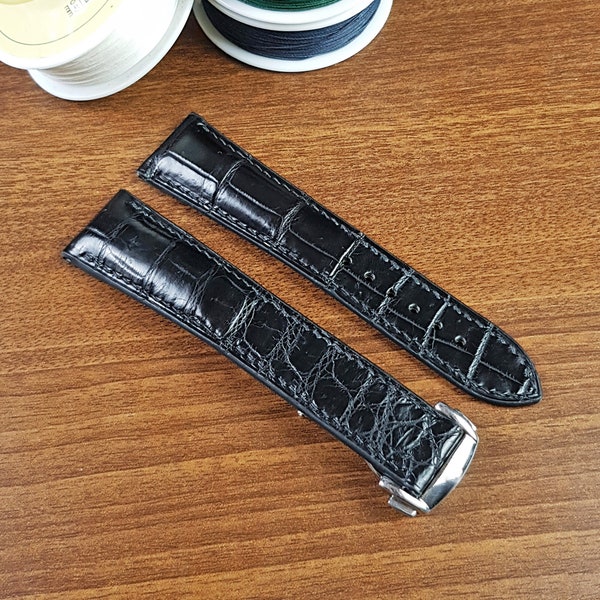 Replacement Black Alligator Watch Bands For Omega, Custom Black Leather Strap With Buckle, Alligator Watch Band Quick Release Spring Bars.