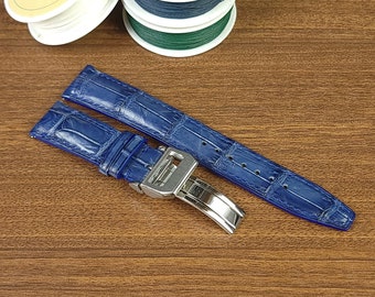 Cinturino per orologio IWC in pelle di alligatore blu personalizzato da 20 mm, cinturino in pelle con chiusura deployante per IWC, misure cinturino 18-19-20-21-22 mm