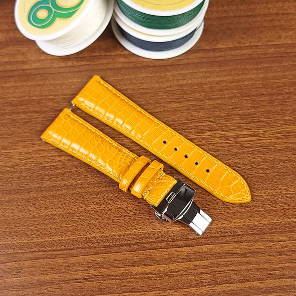 Yellow Alligator Watch Band, Custom Alligator Watch strap, Replacement Yellow Leather Watch Strap Deployant Clasp Quick Release Spring Bars.