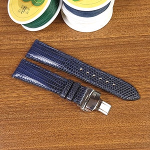Bracelet de montre en lézard bleu, bracelets de montre en cuir exotique personnalisés, pièces de rechange pour bracelet de montre en lézard bleu avec boucle déployante, barres à ressort à dégagement rapide.