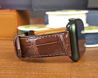 Custom Brown Alligator Leather Apple Watch Bands Series 6/7/8/9/10/11/SE/Ultra, Apple Watch Sizes 38/40/41/42/44/45/46/49mm