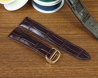 Handmade Brown Alligator Watch Strap for Cartier, Custom Watch Bands 13mm, 16mm, 18mm, 20mm, 23mm, Cartier Tank Watch Strap, Deployant Clasp