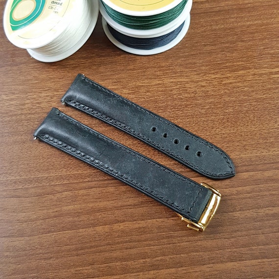Replacement Omega Watch Black Leather Bands 20mm, Full Grain