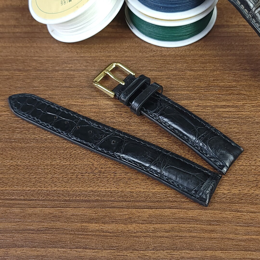 Bracelet Montre Cuir Grain De Crocodile Noir - Dégagement Rapide, Longueur Standard M, Neuf Avec étiquettes