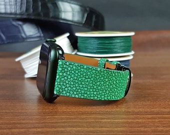 Groene Stingray Apple Watch-band: op maat gemaakte exotische leren band