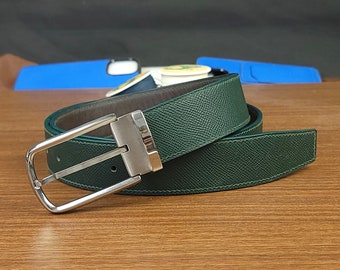 Handmade Green Leather Belt with Buckle: Full Grain Epsom Leather, 32mm