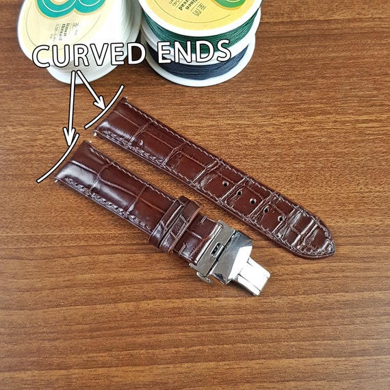 Brown Alligator Curved End Watch Strap: Custom Leather Watch Band 20mm, 21mm, 22mm, Deployant clasp, Curved Quick Release Pin Bars