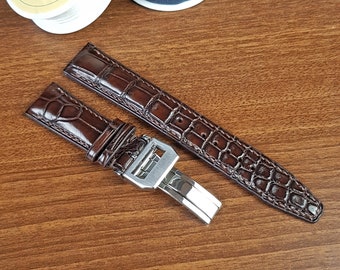 Brown Alligator Leather Watch Strap For IWC: Replacement Leather Watch Band 20mm With Deployant Clasp, Quick Release Spring Bars.
