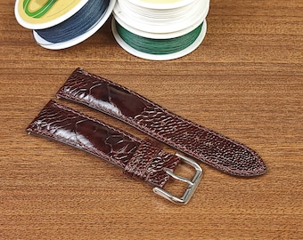 Custom Brown Ostrich Leather Watch Strap 20mm, 22mm, 24mm, Handmade Leather Watch Band For Mens, Quick Release Pin Bars, Pin Buckle.
