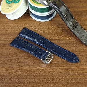 Handmade Blue Alligator Watch Strap For Cartier Tank, Cartier Tank Watch Replacement Blue Leather Straps With Deployant Clasp.