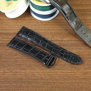Vervangende zwarte alligator-horlogebanden voor Cartier, custom Cartier-horloge zwarte leren band met verstelbare sluiting, snelsluitingen.