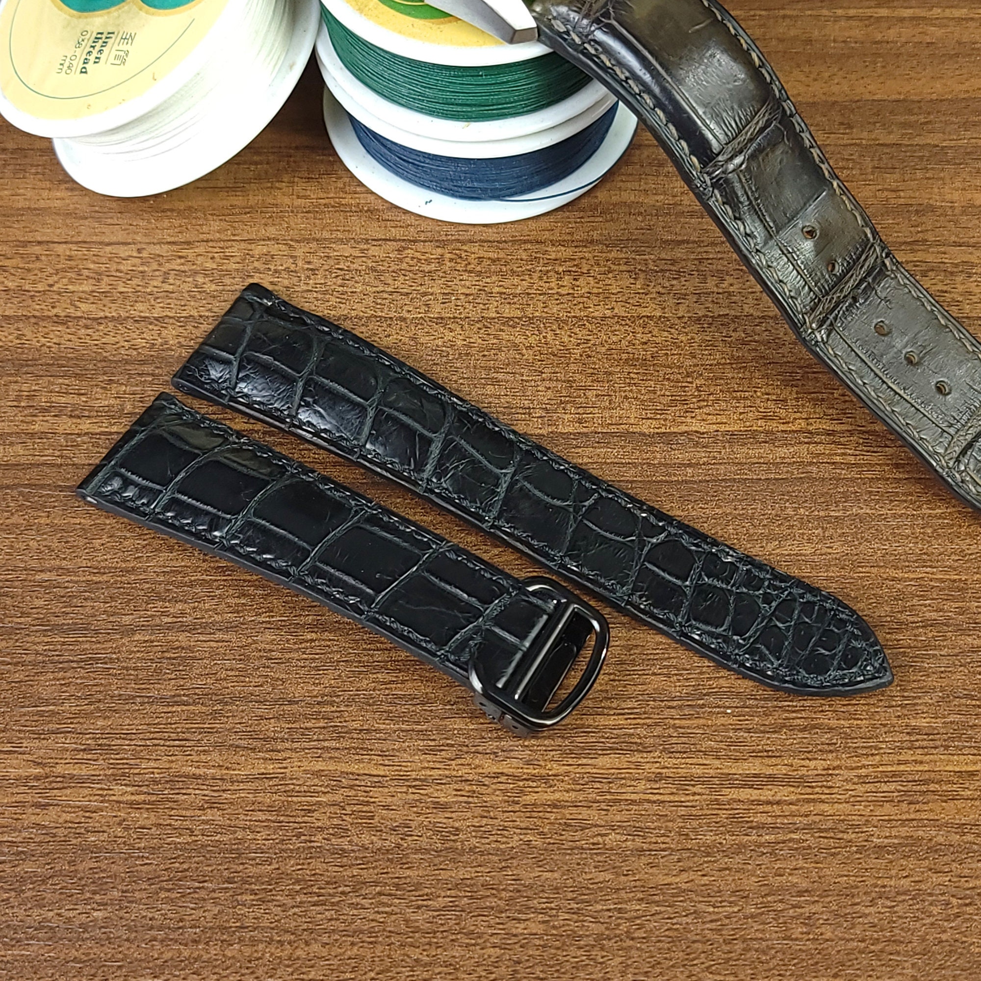 22mm Black Alligator Leather Watch Band For IWC Deployment Buckle Clasp | Classic Style