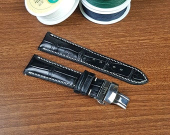 Black ALLIGATOR Watch STRAP, Custom WATCH Leather Band, Leather Watch Strap, Personalized Black Watch Band Quick Release Spring Bars For Men